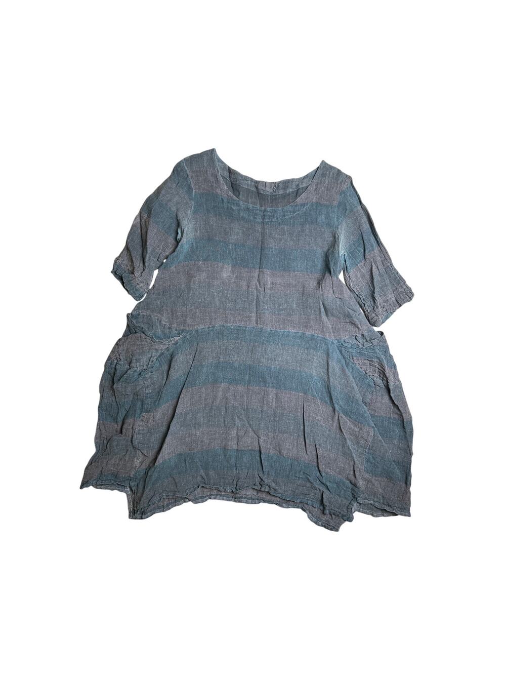 LUUKAA Lagenlook Navy Grey Striped Linen Oversized Tunic Shift Dress Size 6